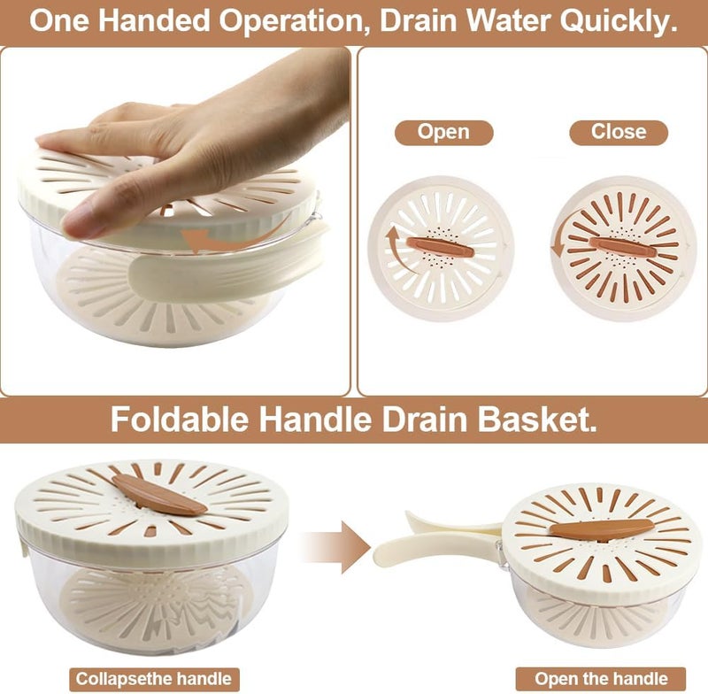 Abnaok Multifunctional Fruit Washing Bowl,2 in 1 Drainer and Strainer,Foldable Handle Drain Basket with Lid,Kitchen Colanders & Food Strainers, Suitable for Washing Fruits and Vegetables - Image 5